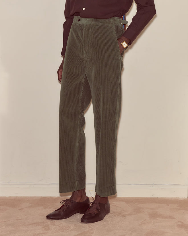 Corduroy Side-Buckle Trousers - Green